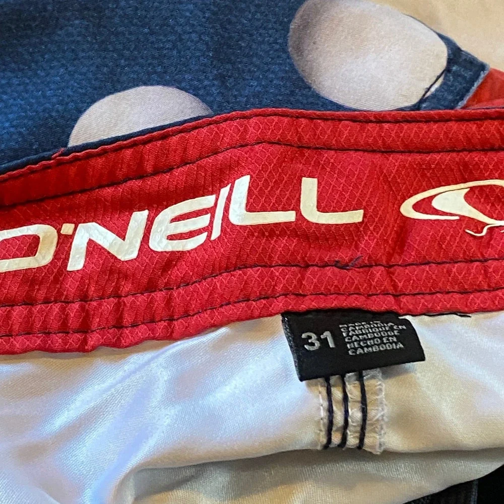 O'Neill Board‎ Shorts Mens Red White Blue 31 Solo Cup Flag Print Swim Trunks